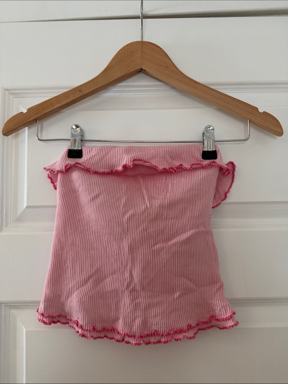 Free People Pink Ribbed Off-Shoulder Ruffle Crop Top